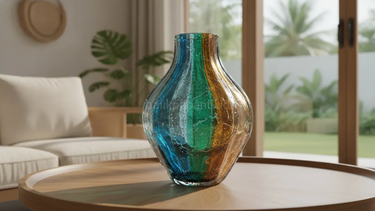 Vas artistik dari kaca daur ulang menghadirkan gradasi warna unik yang menjadi focal point elegan dalam interior modern.(BTV/AI) 