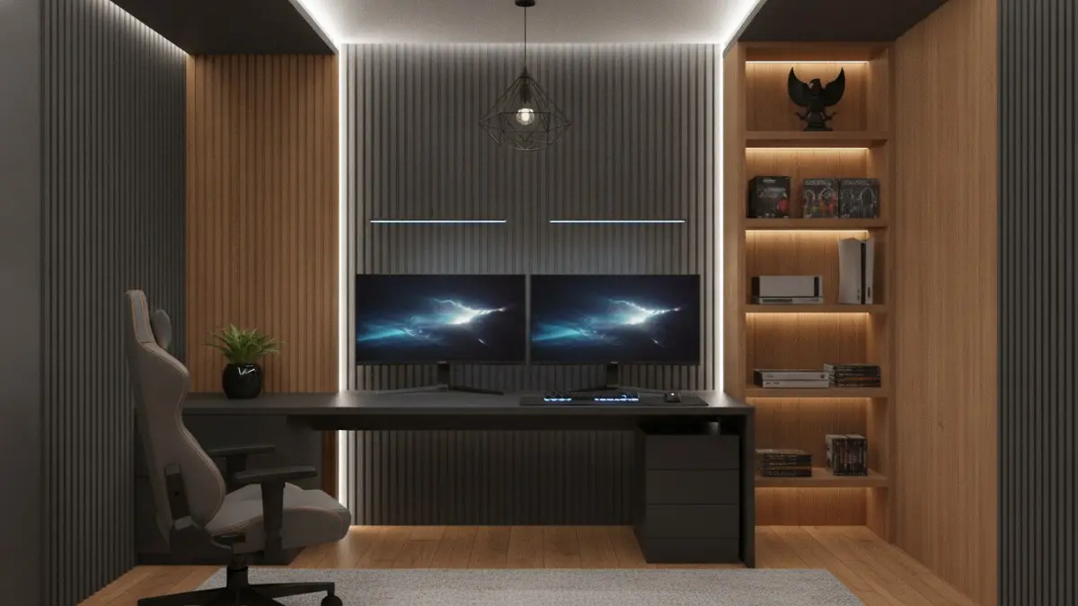 Warna netral dengan aksen terkontrol menjaga fokus visual dan memudahkan transisi ruang gaming kerja fleksibel. (BTV/AI)

