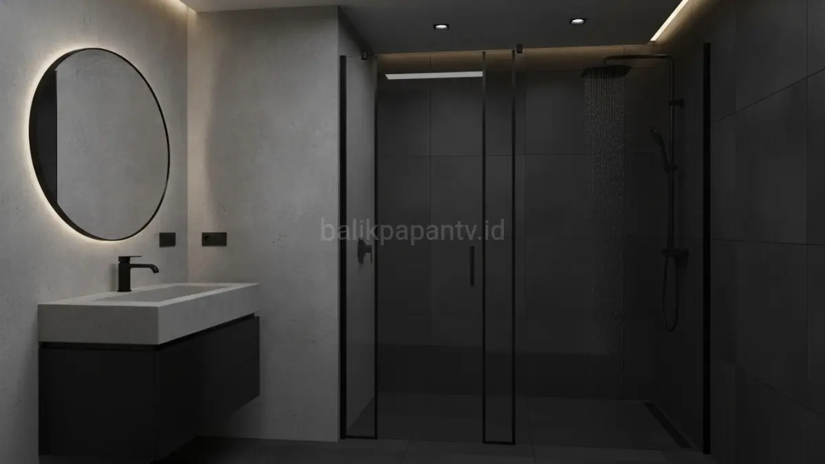 Aksen hitam tipis pada shower frameless memberi kontras elegan tanpa mengurangi kesan minimalis modern.(BTV/AI) 