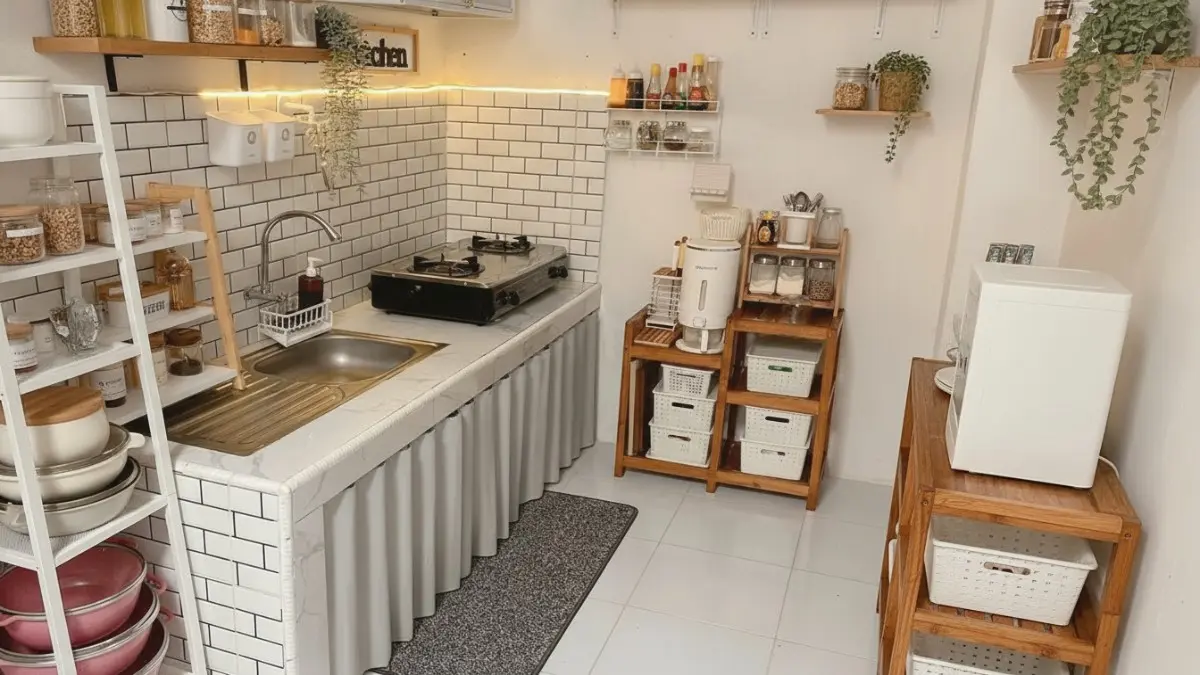 Dapur minimalis sederhana dengan tata letak satu garis yang mendukung aktivitas harian. (BTV/AI)