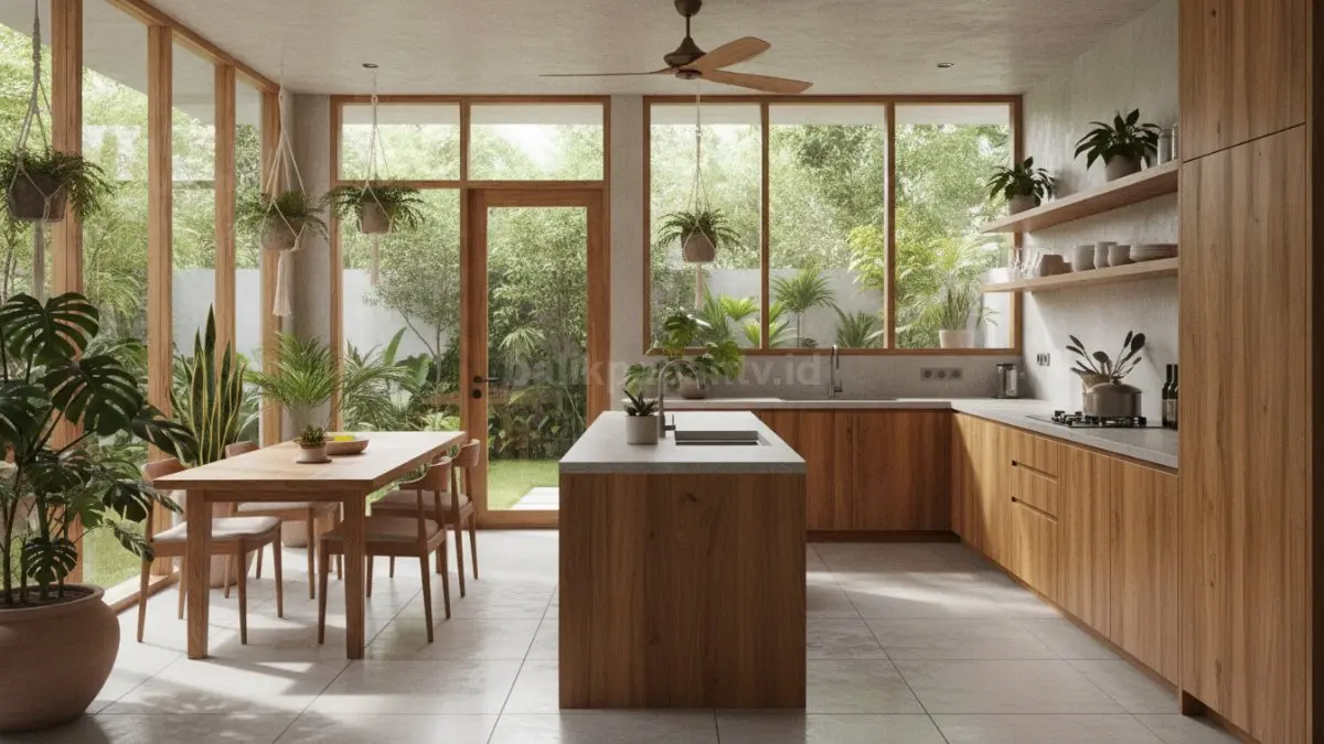 Dapur tropis modern minimalis dengan tanaman hijau, kayu natural, dan cahaya alami melimpah (BTV/Ai)