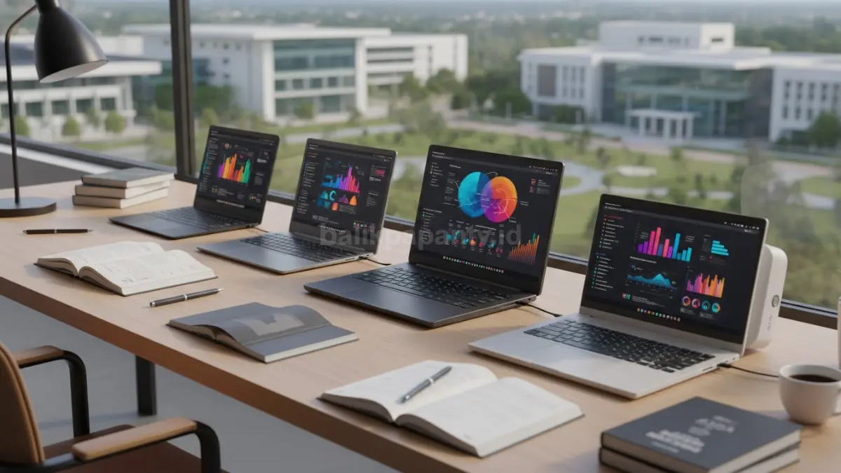 Deretan laptop kuliah terbaik 2026 untuk mahasiswa Soshum dengan pilihan performa, baterai, dan mobilitas berbeda. (BTV/Ai)