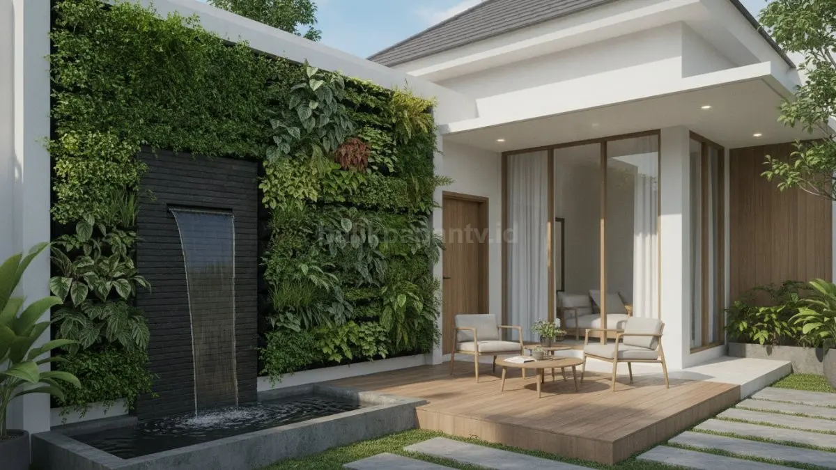Dinding hijau dengan aliran air kecil yang hemat ruang dan menyejukkan rumah. (BTV/Ai)