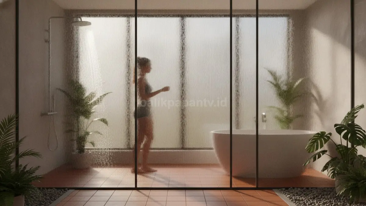 Dinding kaca semi-transparan pada kamar mandi menjaga privasi sekaligus menghadirkan cahaya alami dengan tampilan modern elegan dan fungsional. (BTV/AI)
