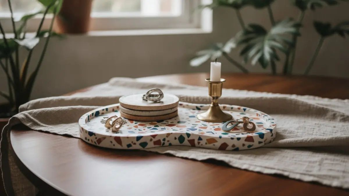 DIY terrazzo tray resin dengan motif unik mempercantik meja sekaligus membantu penyimpanan harian.  (BTV/AI)