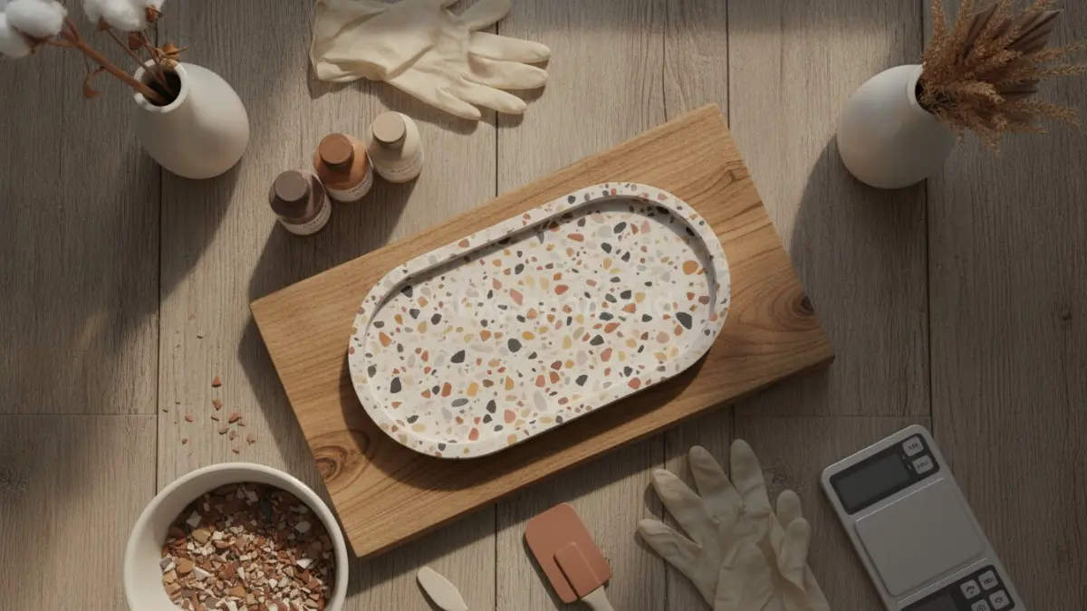 DIY terrazzo tray resin nuansa bumi menghadirkan warna natural hangat yang cocok untuk dekorasi Japandi.  (BTV/AI)
