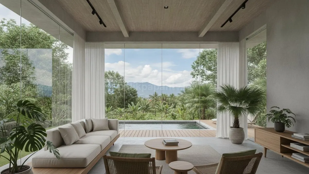 Fasad kaca penuh ruang utama menghadirkan pencahayaan alami melimpah dengan kesan terbuka nyaman modern elegan. (BTV/AI)
