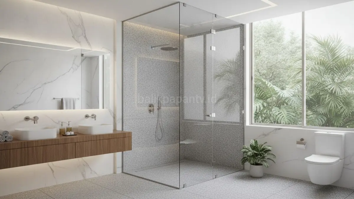 Frameless glass shower 2026 menghadirkan kamar mandi modern transparan, minimalis, dan efisien memaksimalkan ruang kecil.(BTV/AI) 