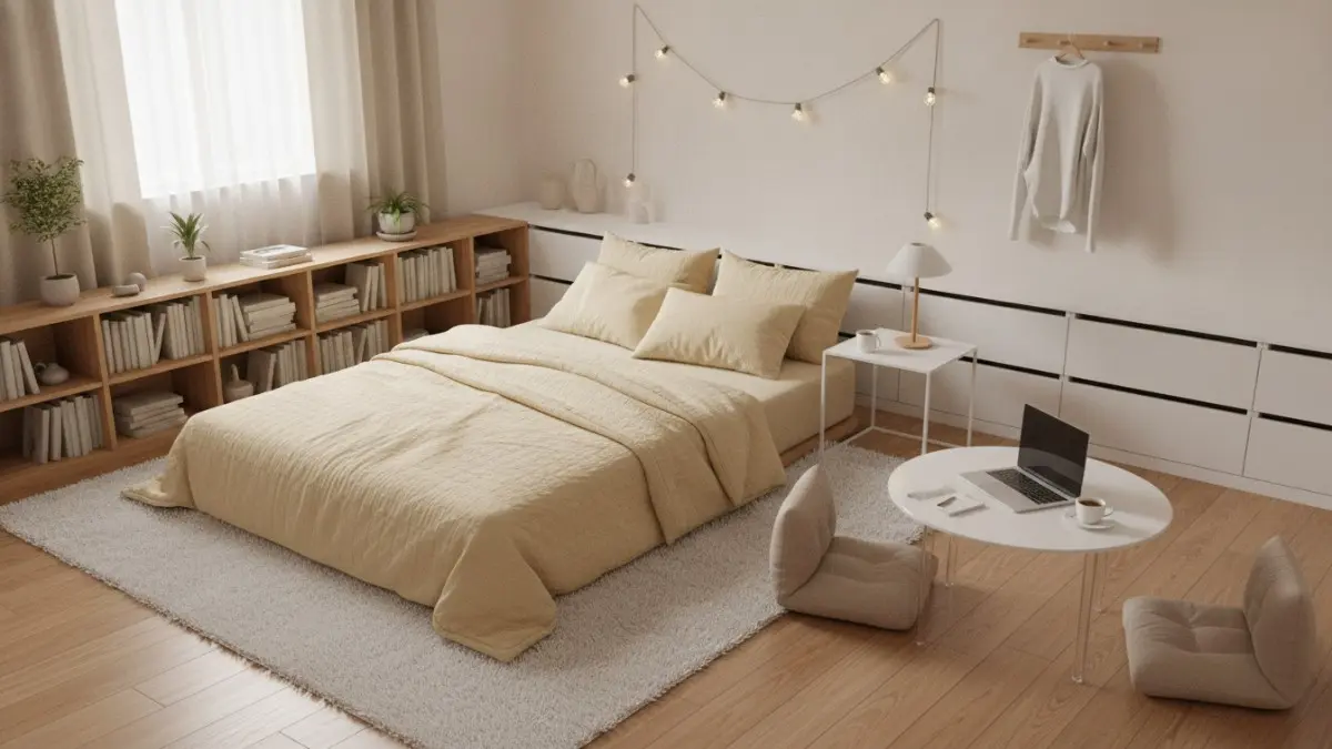 Furnitur rendah multifungsi menjaga ruang lapang, mudah dibersihkan, efisien, rapi, nyaman untuk kamar tidur modern. (BTV/AI)
