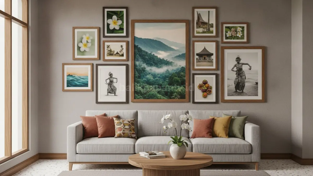 Gallery wall berisi poster dan foto estetik yang mempercantik ruang tamu modern. (BTV/AI)