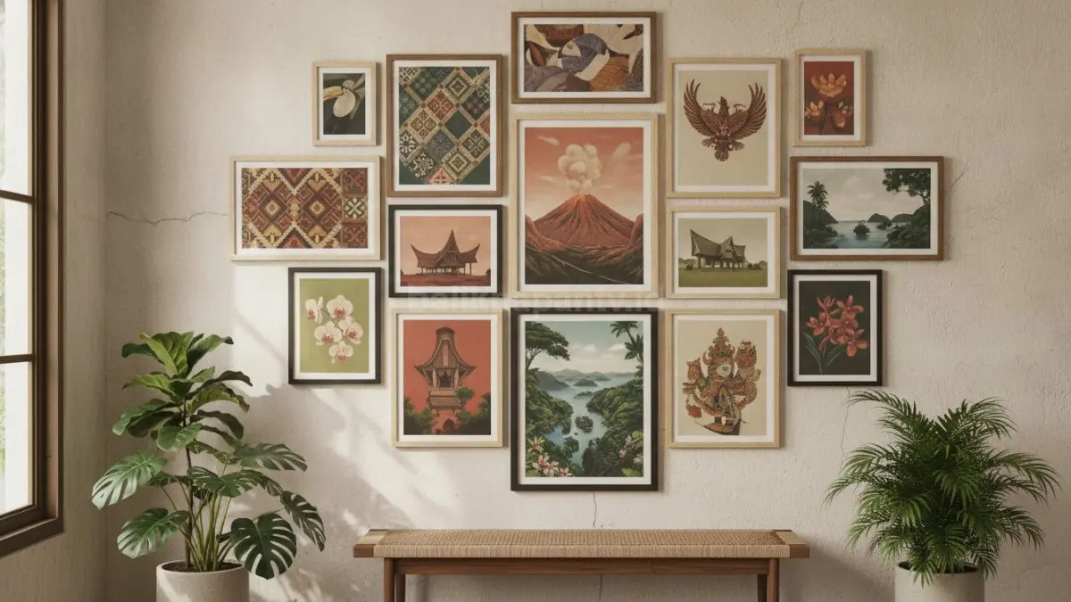Gallery wall bingkai beragam ukuran menciptakan komposisi dinamis, menarik, dan tetap terlihat seimbang.  (BTV/AI)