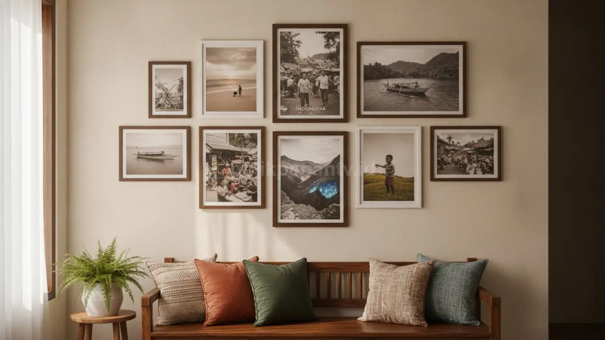 Gallery wall foto perjalanan menghadirkan kenangan berharga, suasana hangat, dan cerita emosional dalam ruangan.  (BTV/AI)