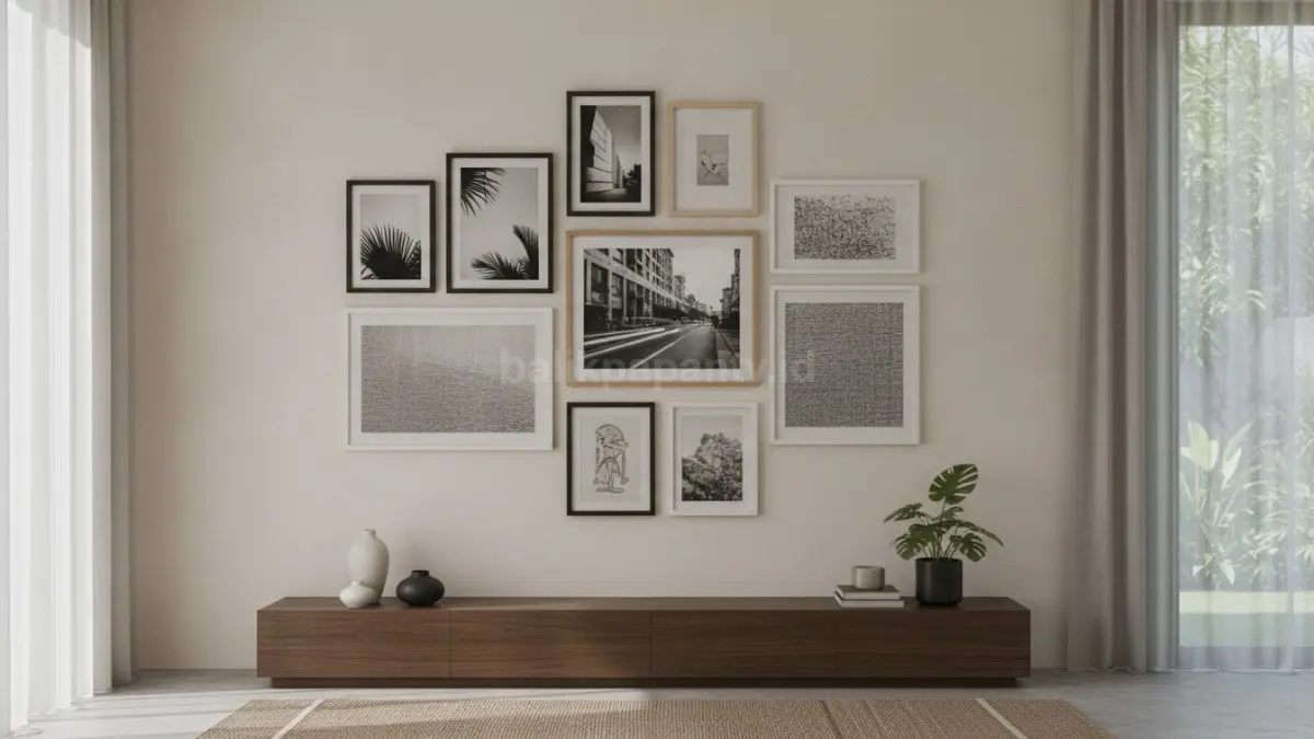 Gallery wall monokrom minimalis menghadirkan tampilan bersih, rapi, elegan, dan mudah menyatu berbagai interior.  (BTV/AI)