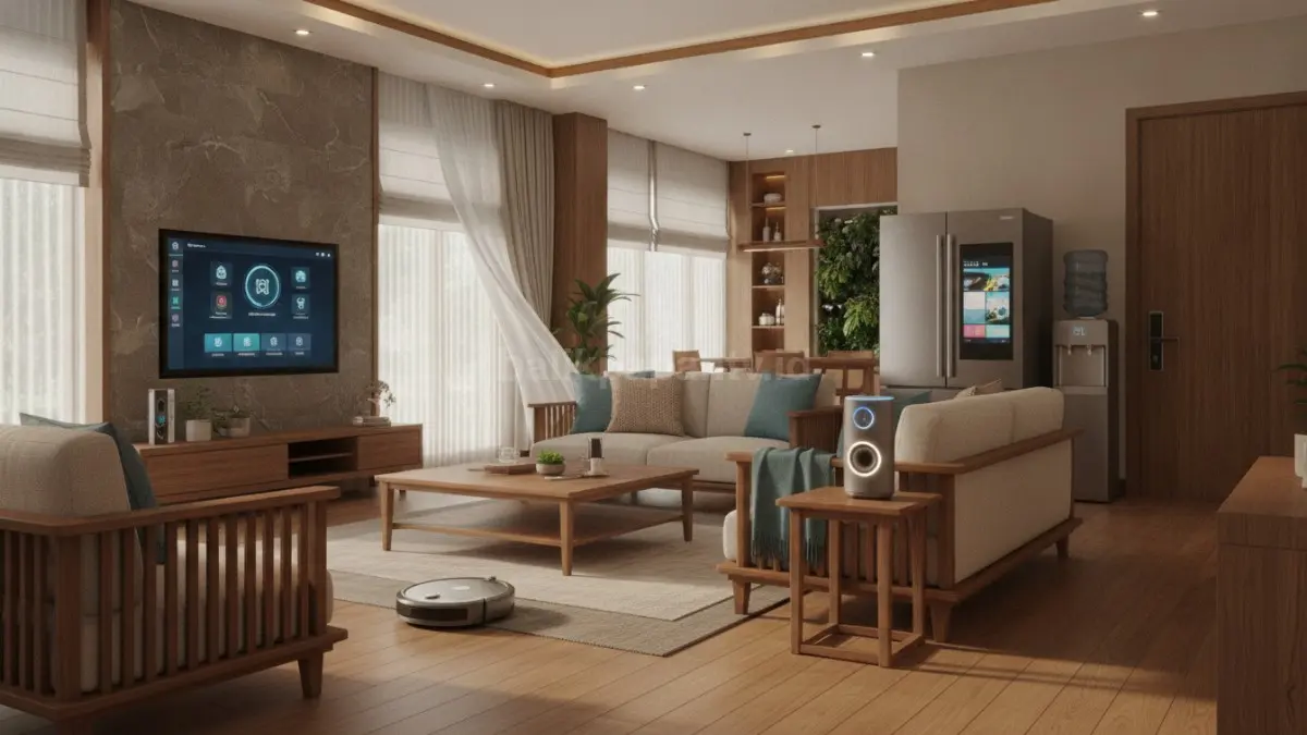 Ilustrasi: Inovasi smart home menghadirkan perangkat otomatis dan pintar terhubung internet di rumah modern. (BTV/AI)