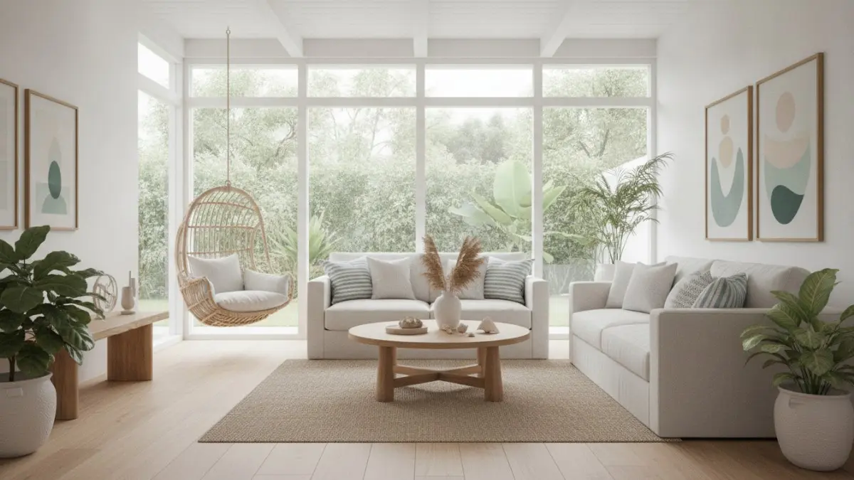 Interior rumah minimalis coastal dengan warna terang dan pencahayaan alami yang maksimal (BTV/Ai)