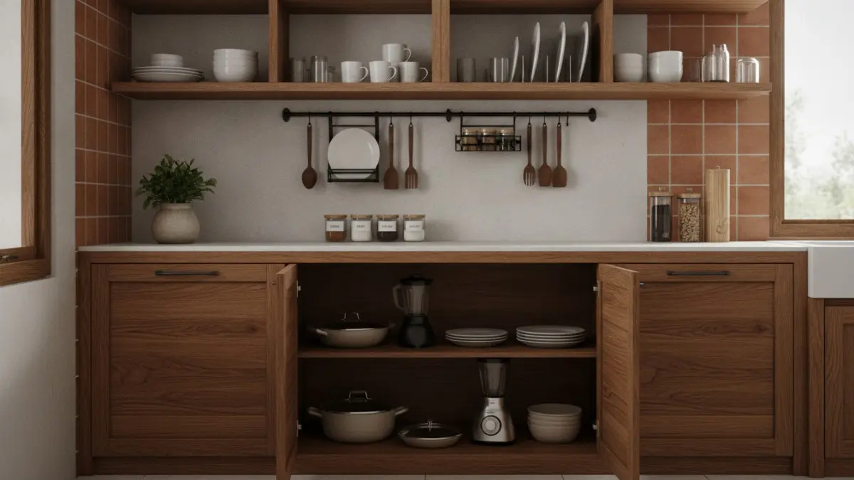 Kabinet bawah tertutup dan rak atas terbuka menjaga dapur ringan, rapi, efisien, disiplin visual harian. (BTV/AI)
