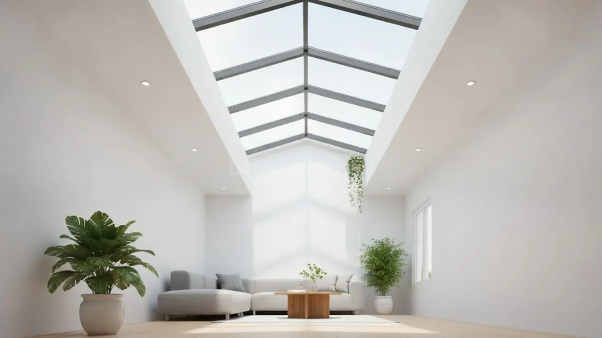 Kaca skylight pada atap menghadirkan cahaya alami merata membuat ruang tengah terang tanpa jendela samping. (BTV/AI)

