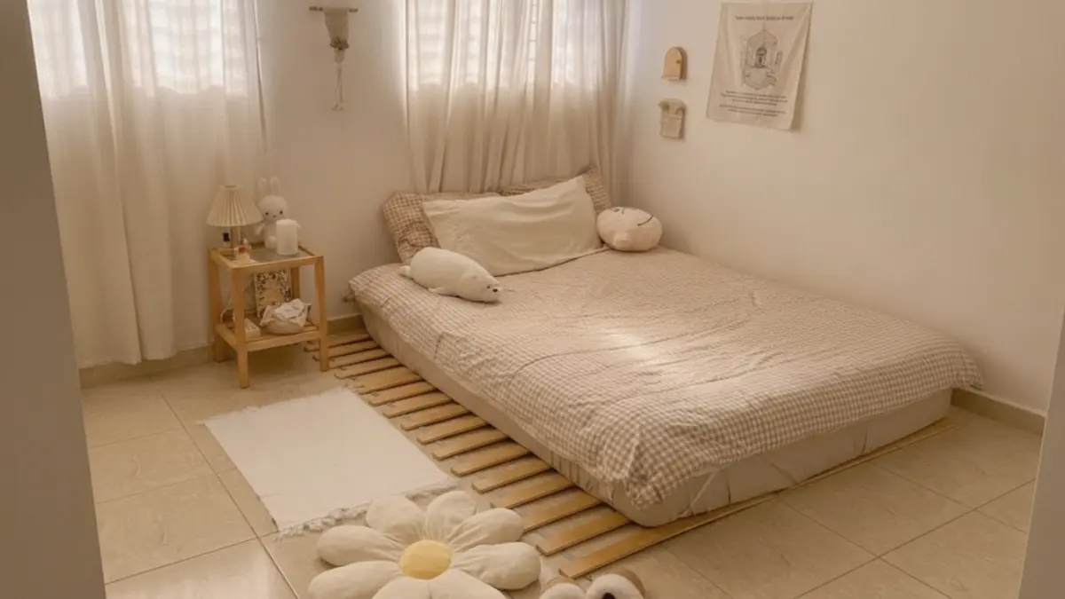 Kamar tidur aesthetic Korea dengan kasur lantai dan pencahayaan lembut mendukung istirahat nyaman tenang damai. (BTV/AI)
