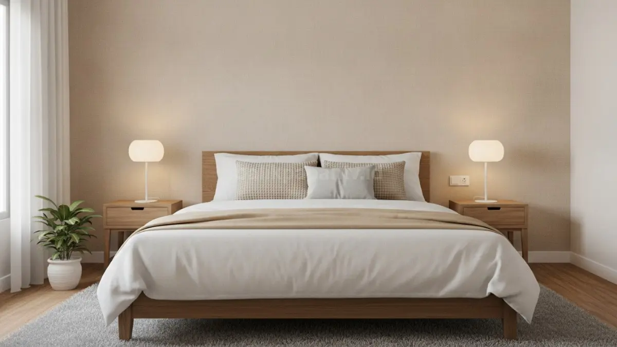 Kamar tidur minimalis dengan wallpaper warna beige dan tekstur lembut yang menciptakan suasana nyaman (BTV/Ai)