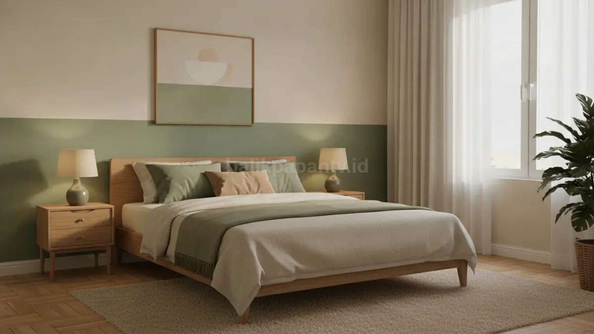 Kamar tidur minimalis warna hijau sage dan krem dengan suasana hangat untuk istirahat nyaman (BTV/Ai)