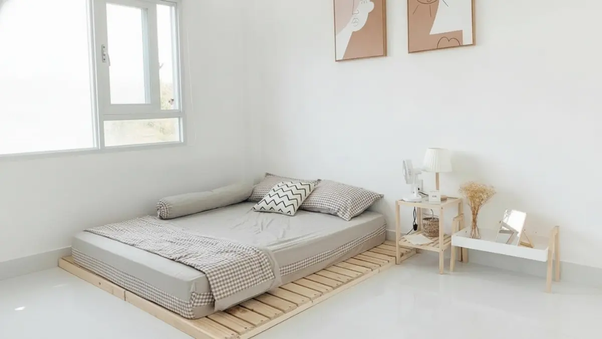 Kasur di atas tatami sintetis menjaga sirkulasi udara, kurangi lembap, awet, bersih, ringan visual ruangan. (BTV/AI)
