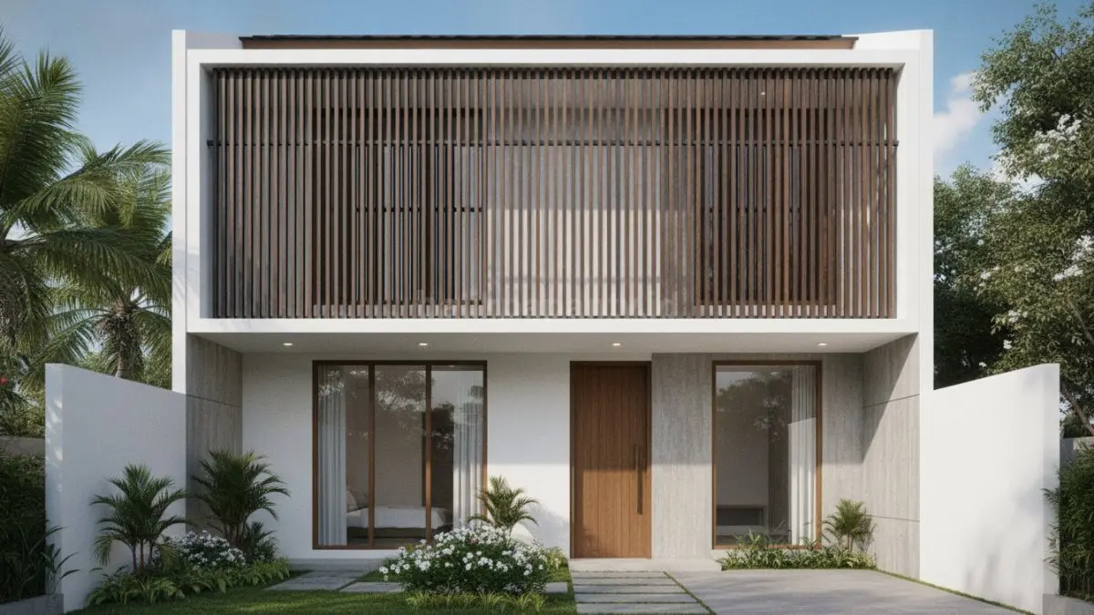 Kisi-kisi vertikal memberi perlindungan dari panas sekaligus memperkuat tampilan modern rumah. (BTV/Ai)