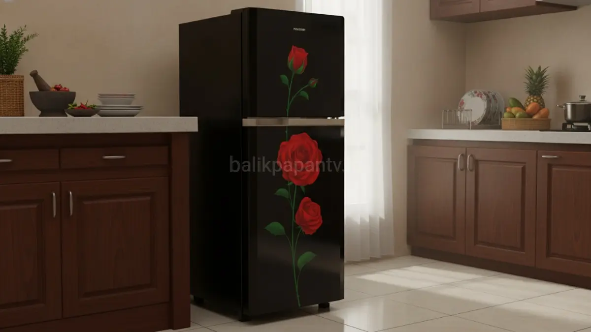 Kulkas Polytron PRM-21CRX hadir dengan kapasitas 210 liter, fitur Ice Twister, dan desain elegan.(BTV/AI) 