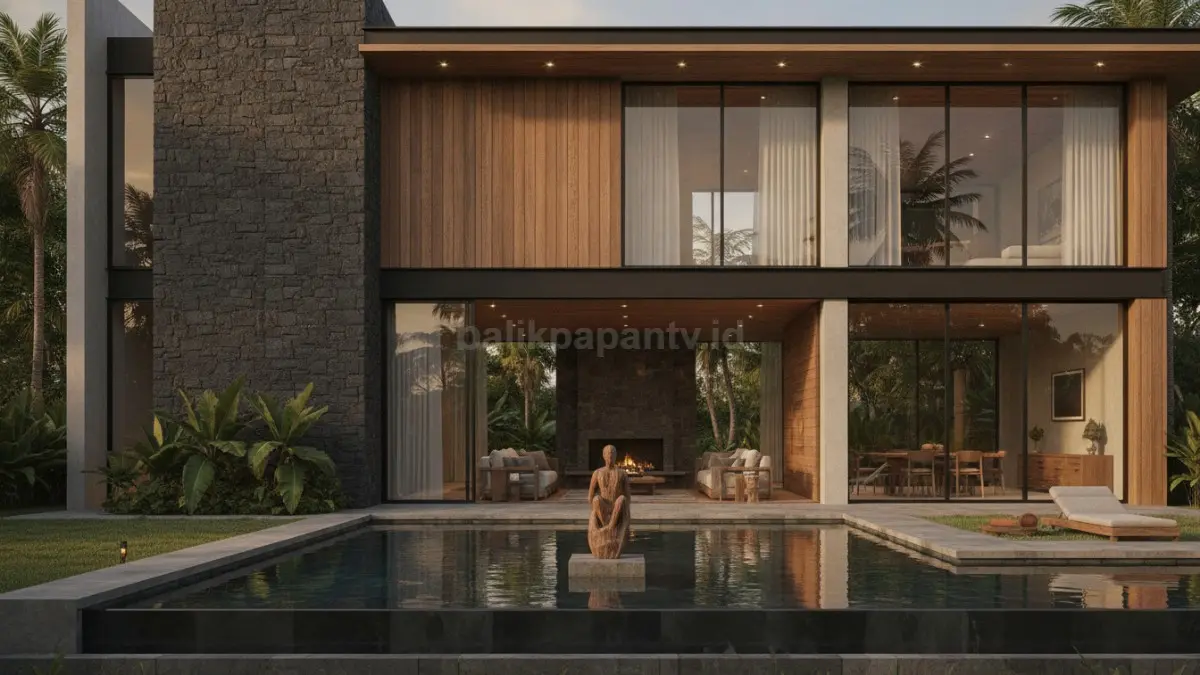 Material natural premium seperti batu, kayu solid, dan kaca menciptakan kesan hangat modern. (BTV/AI)