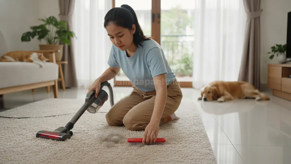 Membersihkan karpet dari bulu hewan memakai alat karet dan vakum menjaga rumah tetap bersih, nyaman, higienis. (BTV/AI)
