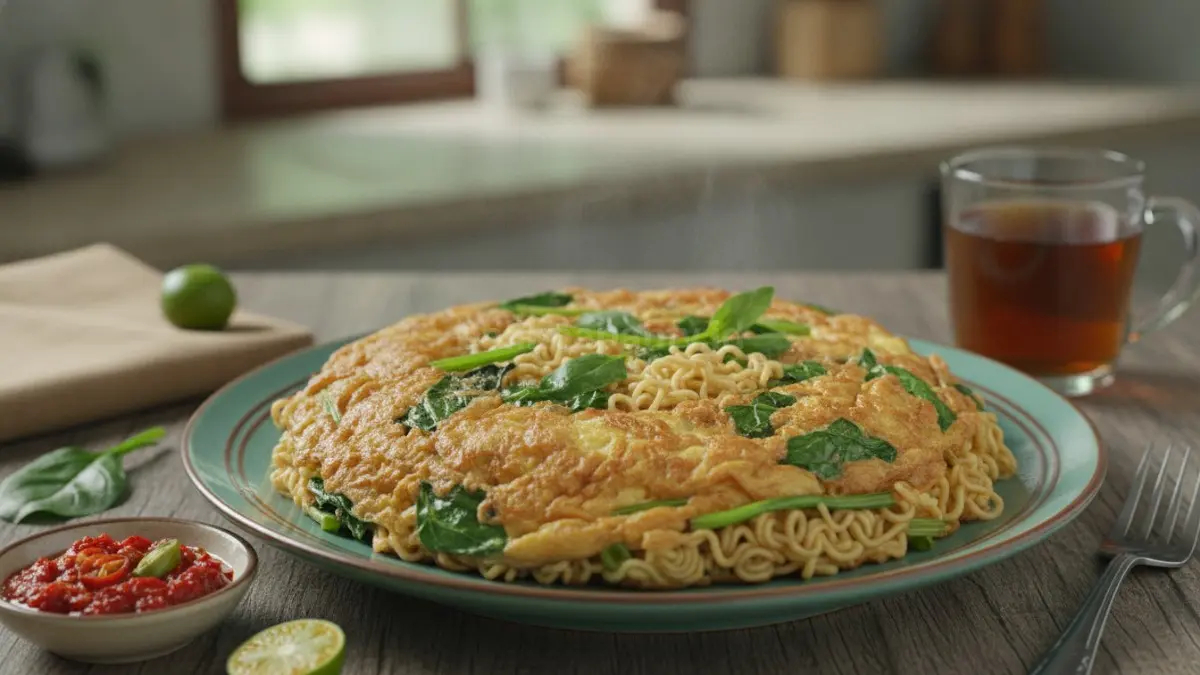 Omelet mie dipadukan bayam segar, kaya zat besi, folat, lebih bergizi, mengenyangkan, dan rendah kalori alami. (BTV/AI)
