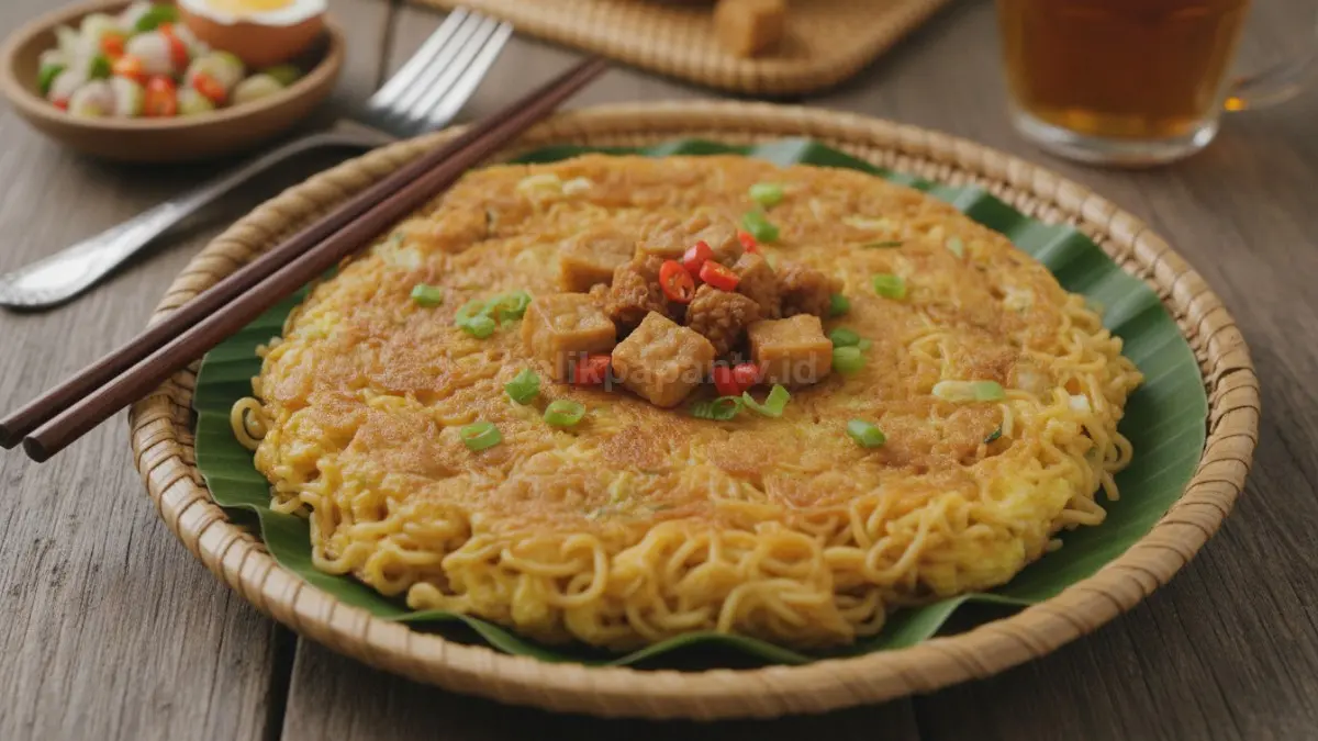 Omelet mie diperkaya tahu atau tempe cincang, menambah protein nabati bergizi untuk menu keluarga lebih sehat. (BTV/AI)
