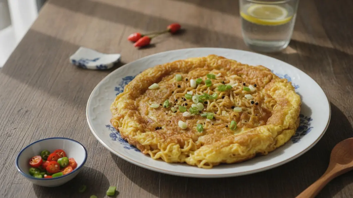 Omelet mie tanpa bumbu instan, lebih rendah natrium dengan bumbu alami, tetap gurih, sehat, dan mengenyangkan setiap sajian. (BTV/AI)
