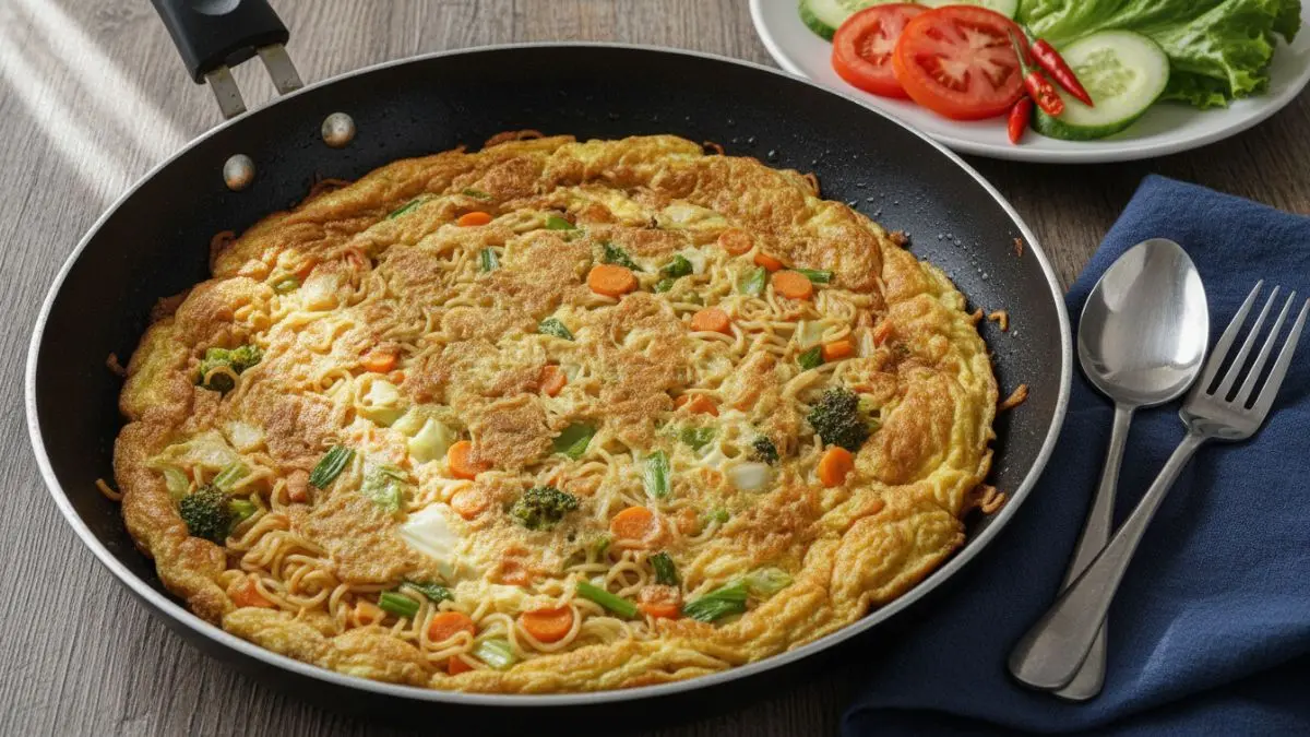 Omelet mie telur sayur matang sempurna di wajan anti lengket dengan potongan sayuran segar menggugah selera. (BTV/AI)