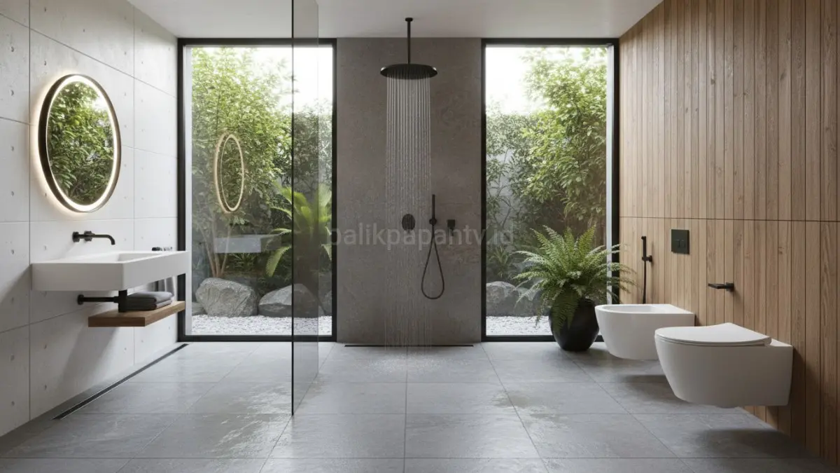Open wet room concept menciptakan kamar mandi tanpa batas dengan drainase efisien untuk ruang kecil modern.(BTV/AI) 