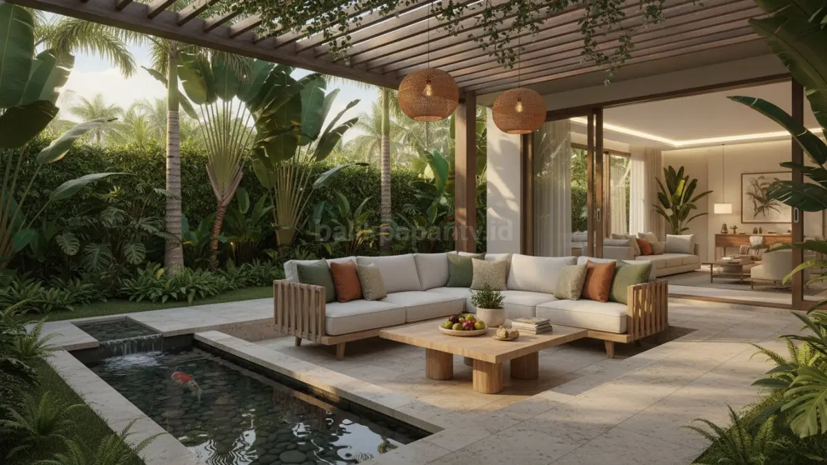 Outdoor living space modern dengan area duduk nyaman dan taman tropis yang menyatu (BTV/Ai)