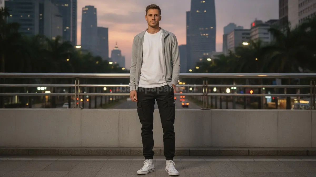 Outfit kasual pria dengan kaos putih, cargo, jaket abu-abu, dan sneakers untuk aktivitas santai.  (BTV/AI)