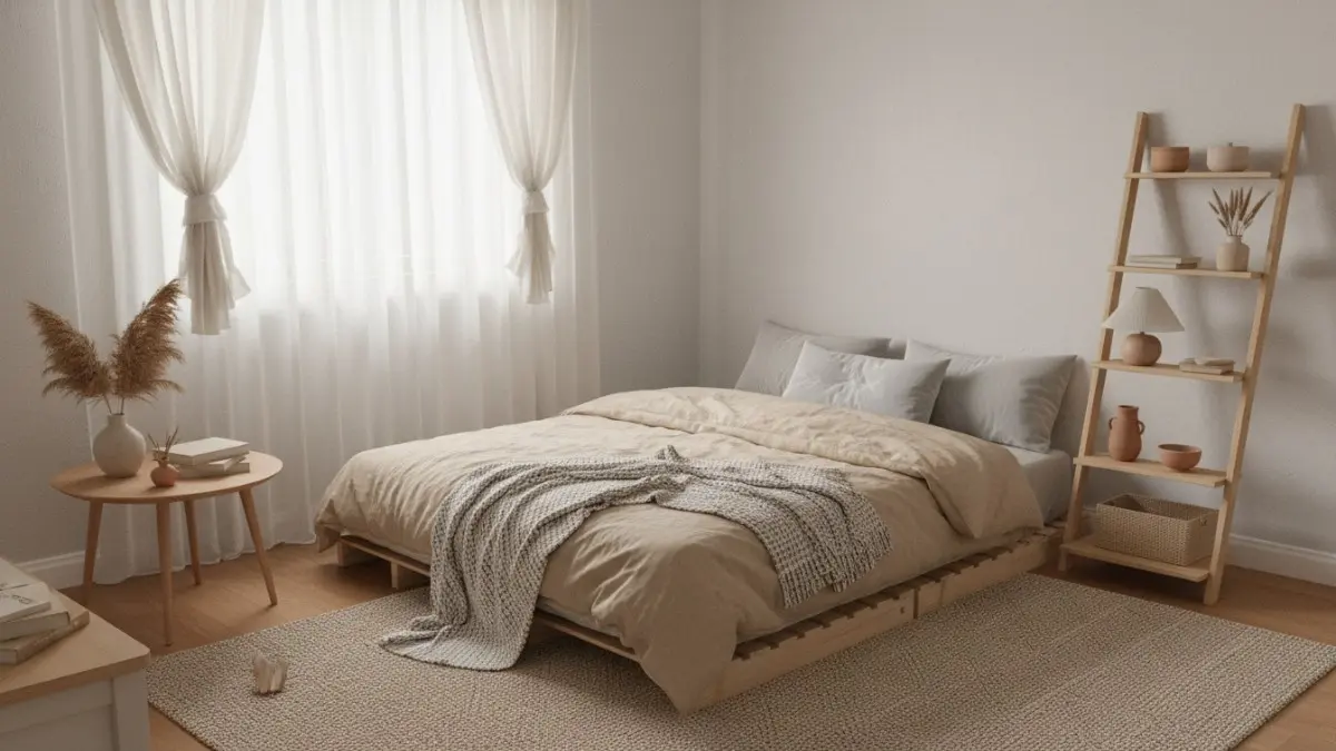 Palet warna netral bertekstur alami menenangkan visual, kurangi stimulasi, tingkatkan kualitas istirahat kamar tidur kerja. (BTV/AI)
