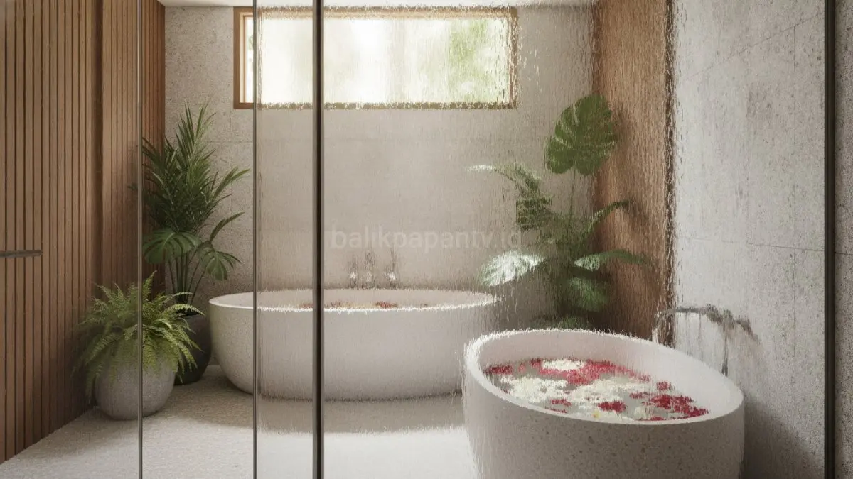 Panel kaca frameless melengkung menciptakan aliran ruang lembut, nyaman, dan bernuansa spa modern yang menenangkan.(BTV/AI) 