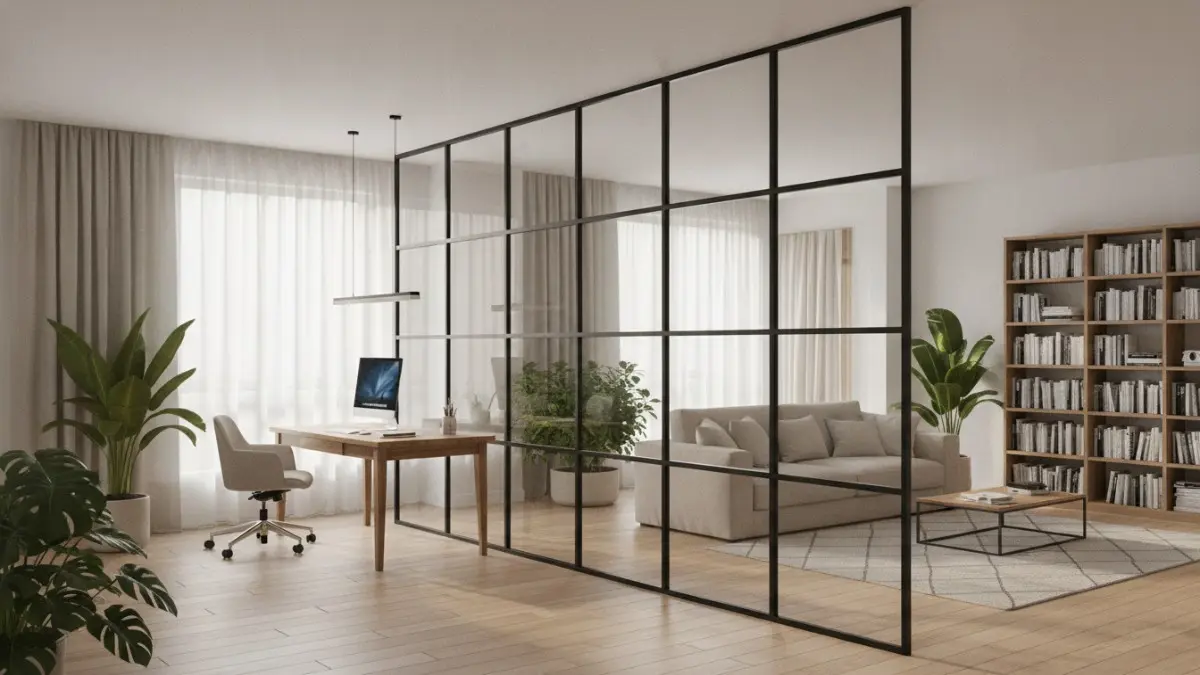 Partisi kaca dan baja menghadirkan tampilan modern elegan, menjaga keterhubungan visual, serta mendukung ruang kerja nyaman. (BTV/AI)

