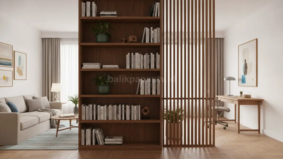 Pembatas ruang multifungsi dari rak buku dan kisi kayu yang menciptakan zona nyaman dalam rumah modern. (BTV/AI)