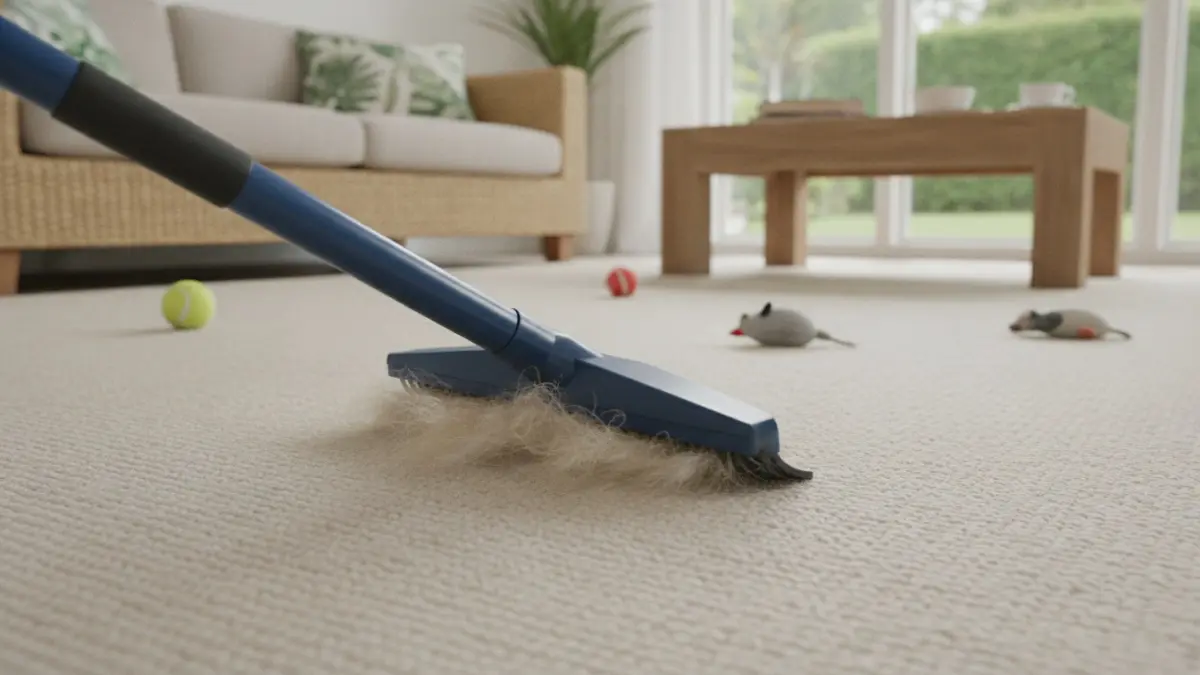 Penggaruk karet atau squeegee efektif mengangkat bulu hewan dari karpet dengan gesekan kuat dan pembersihan praktis. (BTV/AI)
