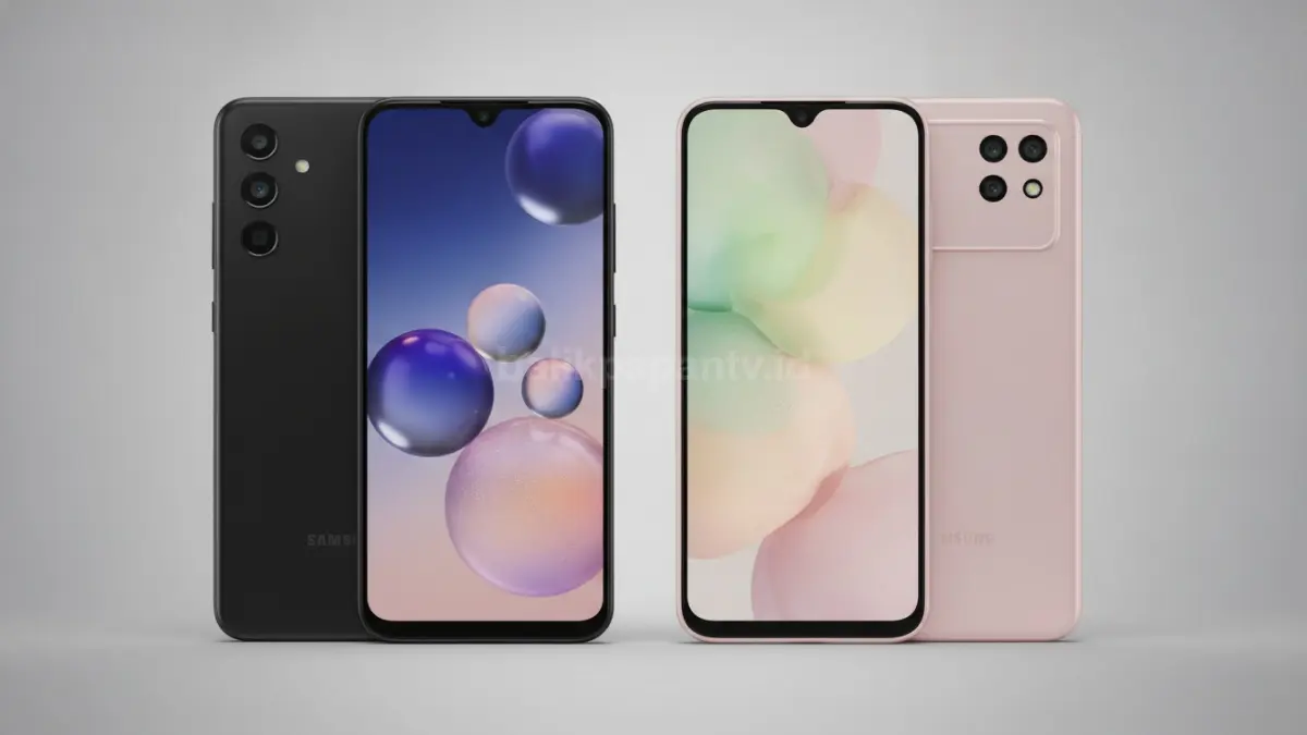 Perbandingan desain Samsung Galaxy A57 dan Galaxy A56 yang menunjukkan perubahan dimensi dan tampilan layar. (BTV/Ai)