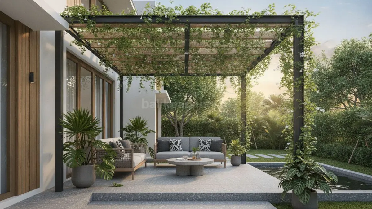 Pergola memberi naungan alami tanpa menghalangi sirkulasi udara di teras. (BTV/Ai)