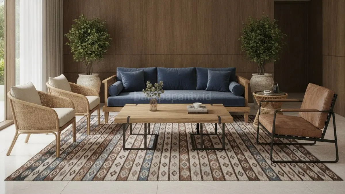 Perpaduan furnitur berbeda material dan bentuk menciptakan ruang tamu lebih personal, unik, serta berkelas.(BTV/AI) 