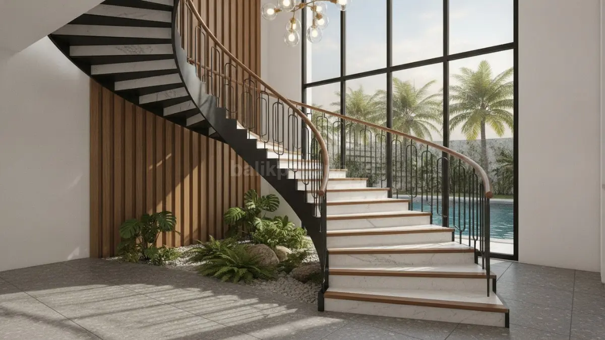 Perpaduan kayu, besi, dan marmer menghadirkan tangga yang elegan dan modern. (BTV/Ai)