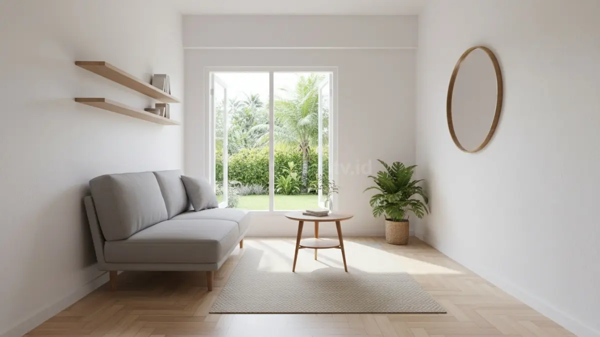 Ruang tamu kecil dengan pencahayaan alami dan furnitur minimalis modern yang memberi kesan luas(BTV/Ai)