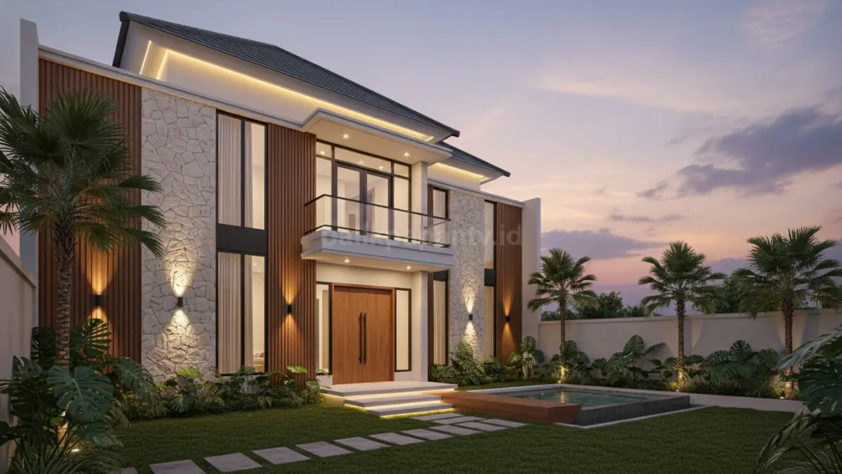 Rumah klasik 2 lantai type 120x200 dengan fasad simetris dan taman depan luas. (BTV/Ai)