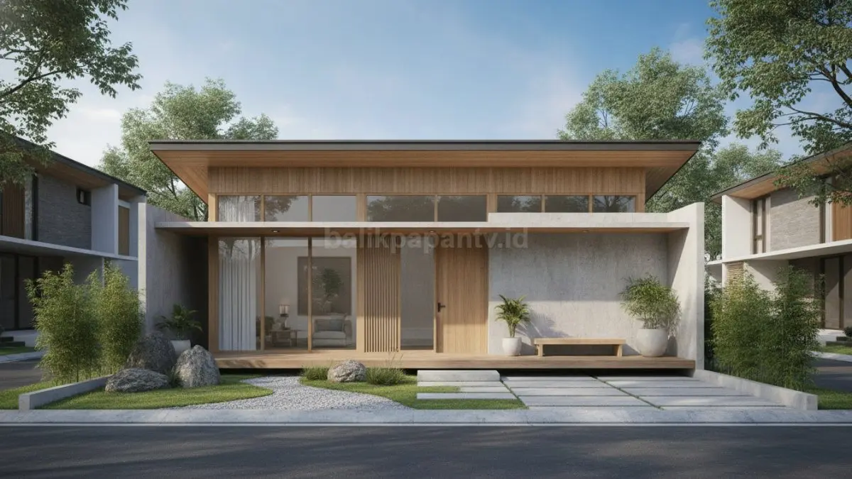 Rumah minimalis 1 lantai ala Jepang modern dengan teras outdoor dan taman kecil natural (BTV/Ai)