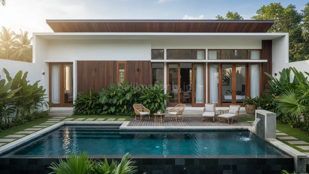 Rumah minimalis 1 lantai dinamis dengan ruang terbuka dan pencahayaan alami modern tropis (BTV/Ai)