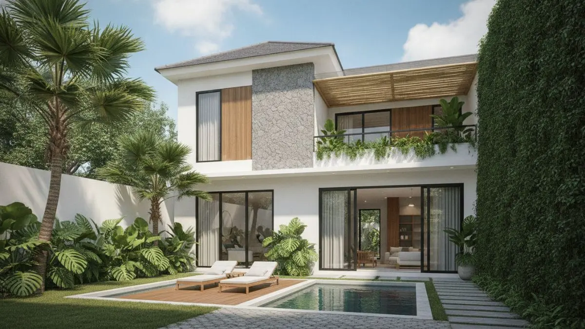 Rumah minimalis 2 lantai dengan sentuhan tropis modern, balkon hijau dan fasad teduh yang nyaman sepanjang hari. (BTV/Ai)